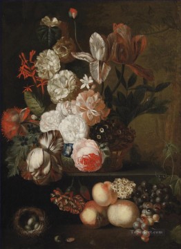  melocotones - Rosas, tulipanes, violetas y otras flores en una cesta de mimbre sobre una cornisa de piedra con uvas, melocotones y un nido con huevos, flores clásicas de Jan van Huysum